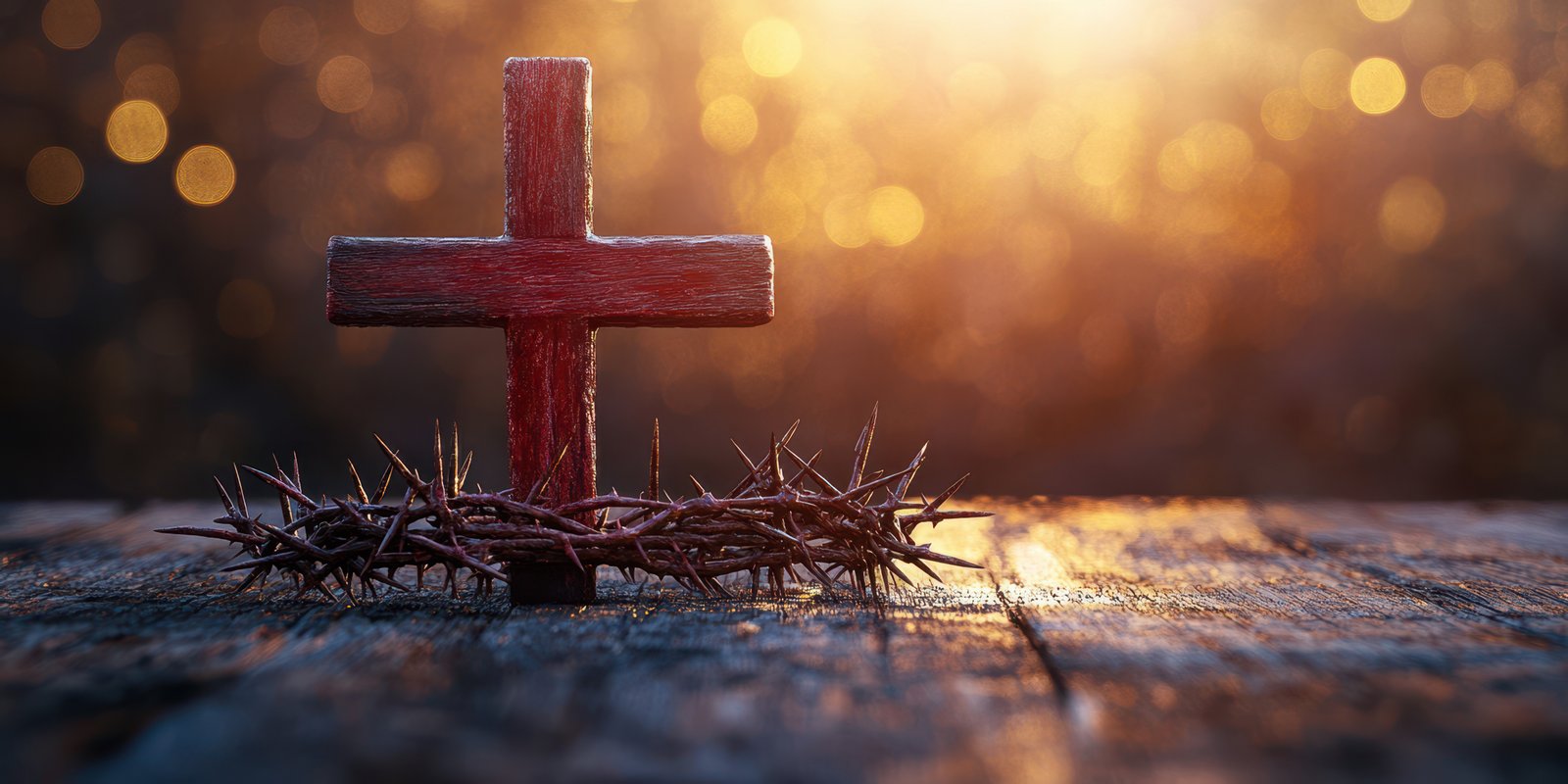 Symbolic cross surrounded by thorns with a warm glowing background at dusk